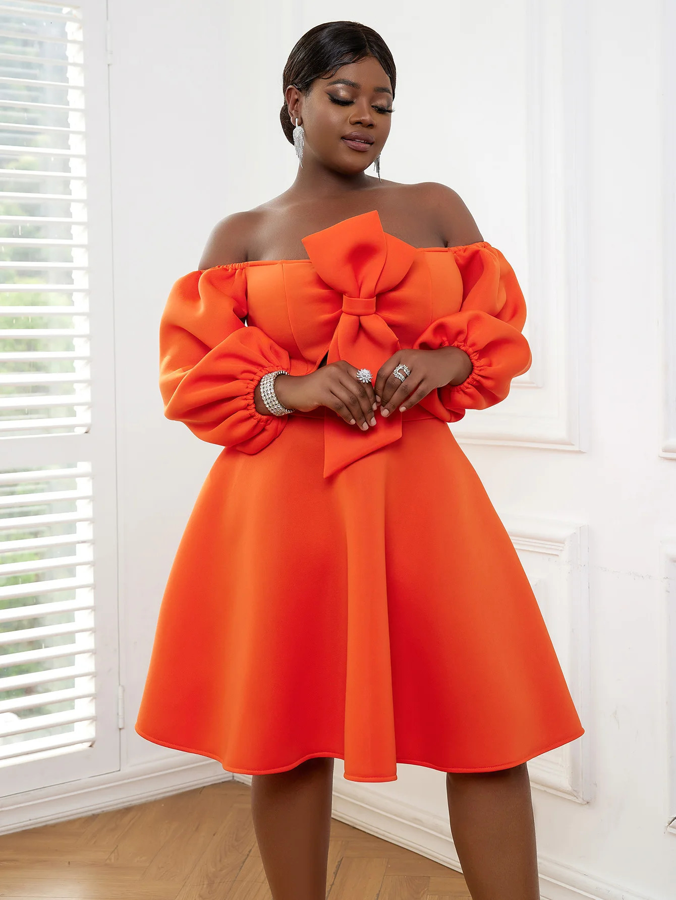 Ogilvy Ball Dress Plus Orange Shoulder Cut ALine Summer Wedding Guests Evening Party Set 4XL 250506