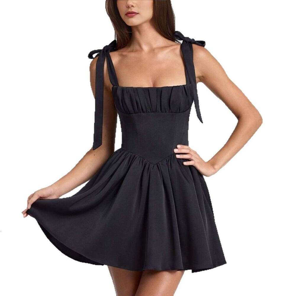 Maxi Dress Summer Dresses Womens Designer Clothing Whitedress 2025 Summer New Womens Fashion Square Neck High Waist Folded Splicing Bow Strap Dress