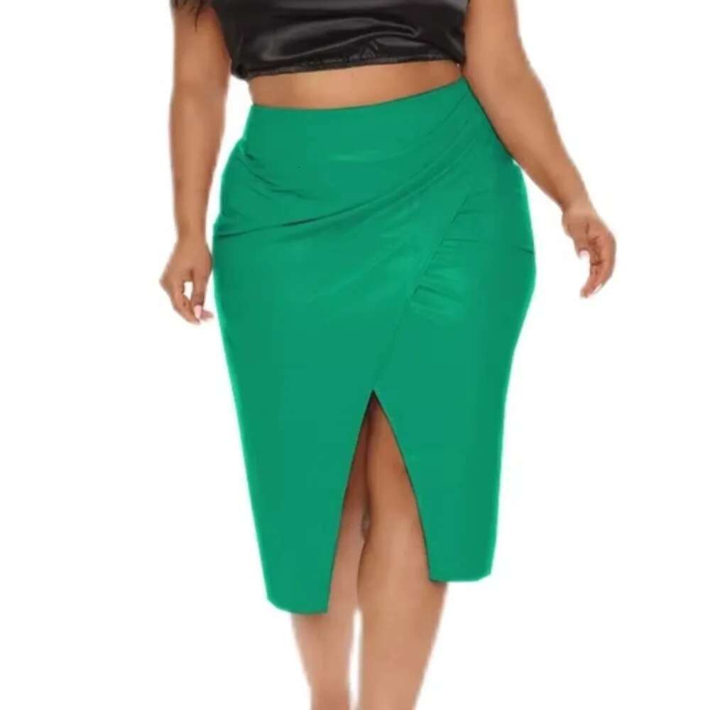 High Waist Stretch Plus Size Sissy Sexy PVC Leather Front Split Solid Color Revelry Party Lady Package Hips Skirts