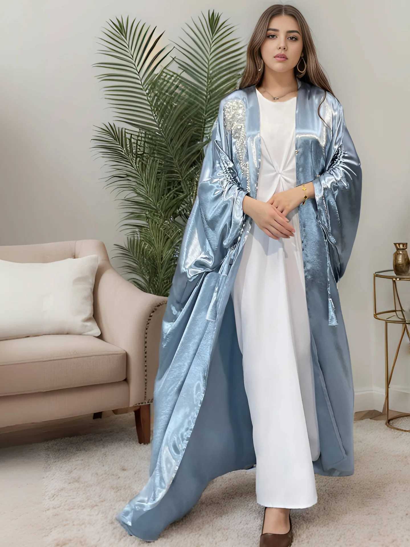 Eid Ramadan Abaya Shiny Satin Muslim Women Beads Bat Slve Open Cardigan Kimono Dresses Turkey Dubai Kaftan Arab Robe Jalabiya X250514