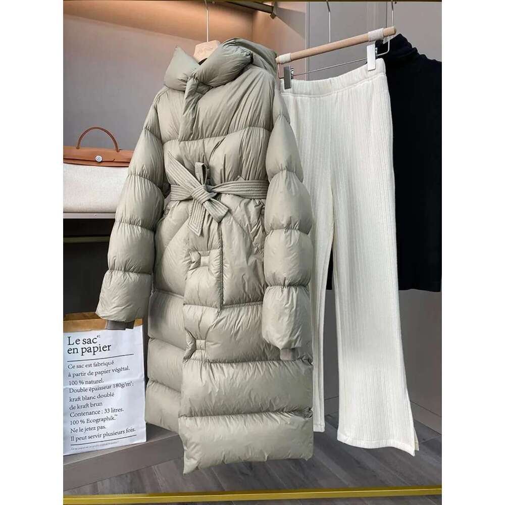 New White Duck Down Winter Puffer Jacket Women Solid Thick Warm Female Sashes Tie Up Over The Knee Coat Fashion Oversize Hooded