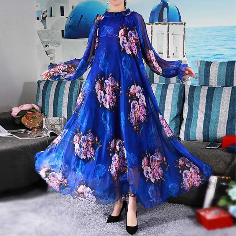 Vibrant Floral Maxi Dress Plus Size Summer Casual Bohemian Chiffon Beach Holiday Bangkok Dress Woman Full Length Abayas Robes X250514
