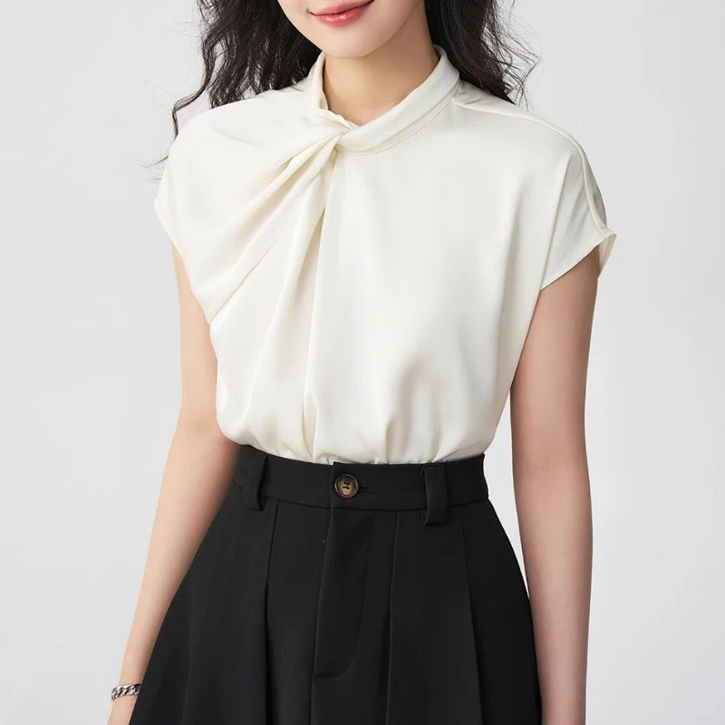 Summer Elagant Front Cross Womens Blouse Short Sleeve Stand Collar Korean Casual Loose Office Lady Shirts Female 250514