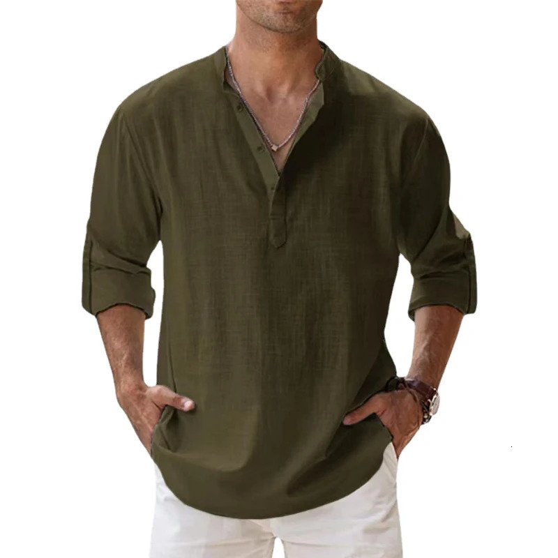 Cotton Linen Shirts for Men Casual Lightweight Long Sleeve Henley Beach Hawaiian T 250514