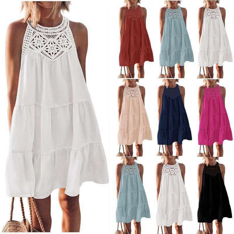Women Clothes Dress Women S Spring And Summer Hollow Lace Splicing Hanging Neck A Line Dress KQ