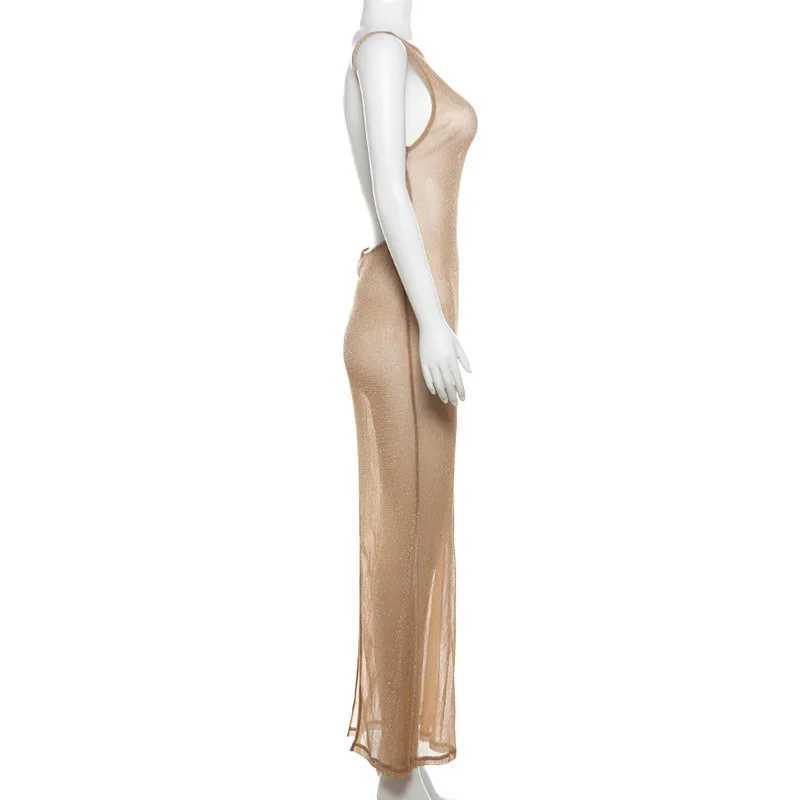 See Through Beach Maxi Split Dress Sundress Women Summer Sleeveless Backless Bodycon Y2K Long Dresses Outfits Sexy Party ClubXJ250514