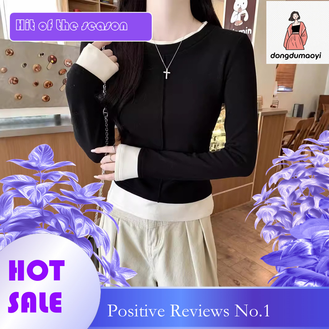 dongdumaoyi 2025 Spring American Fake Two piece Long sleeved T-shirt Bottom Shirt Women's New Style Interior Round Neck Splicing Stacked Top Ins