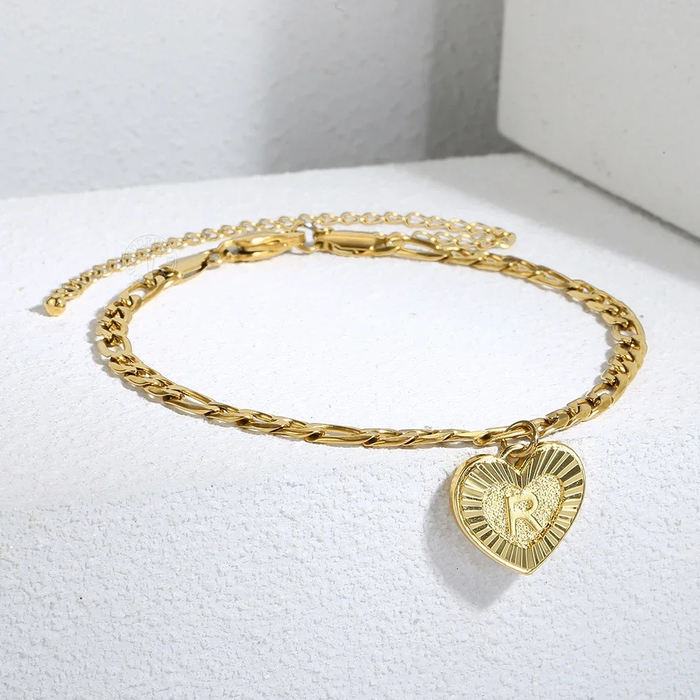 5mm Heart Shaped Anklet for Women Initial A Z Letter Charm Gold Color Stainless Steel Figaro Link Chain Anklet DKA16 250513