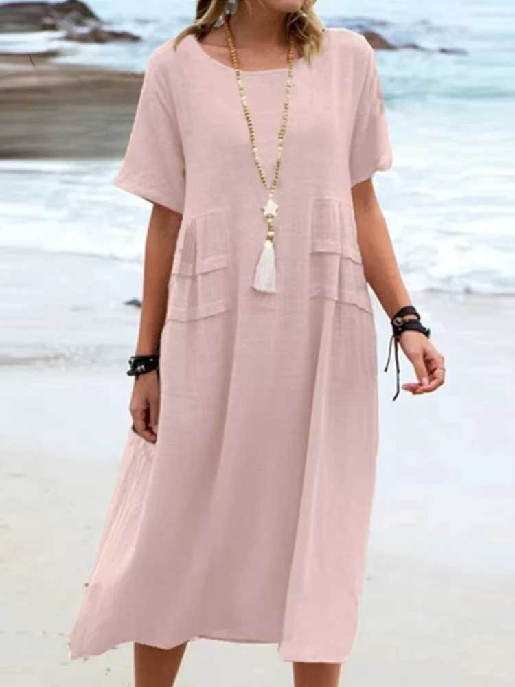 2025 Summer Fashion New Womens Elegant Long Cotton and Hemp Dress Round Neck Vacation Short Sleeve Medium Long DressXJ250514