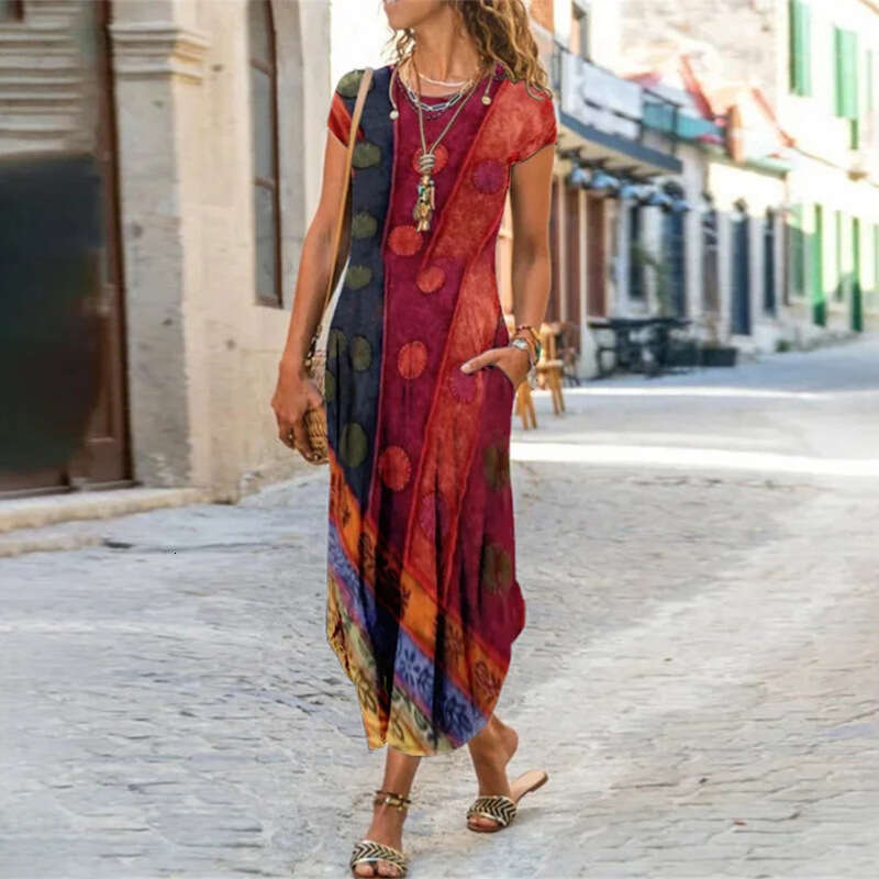 Women Clothes Dress New Women S Round Neck Pocket Short Sleeve Fashion Print Dress KQ