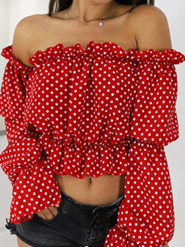 Candy Color Off Shoulder Crop Tops women Summer dot print lantern sleeve shirts Lady Sexy Slash neck beach blouse 250514