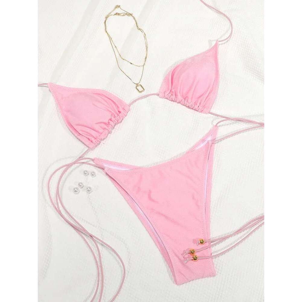 Miyouj New Bikini Triangle Swimwear Leopard Two Piece Suit Solid Color Bathsuit Sexy Swimsuits High Cut Bathwear Bandage Biquini