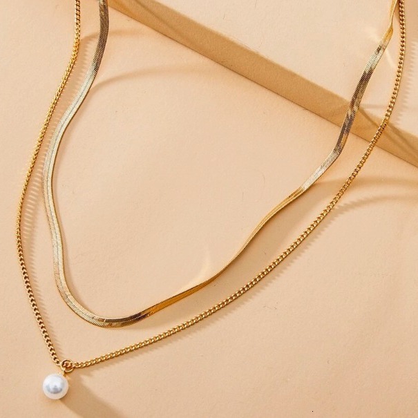 Personalized flat snake chain double pendant necklace, light layered pearl necklace for women
