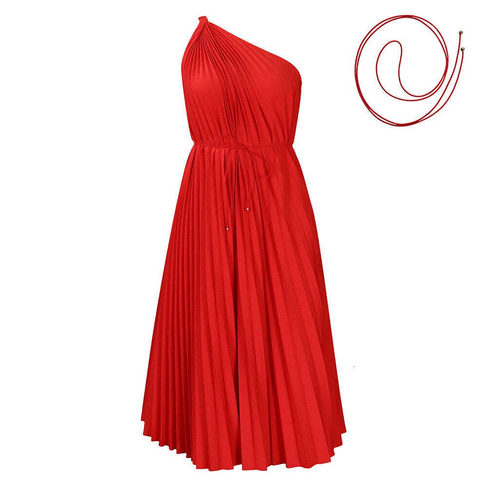 Women's Wear Women's 2023 Summer New Pressed Pleated Oblique Shoulder Large Swing Strap Solid Color Dress