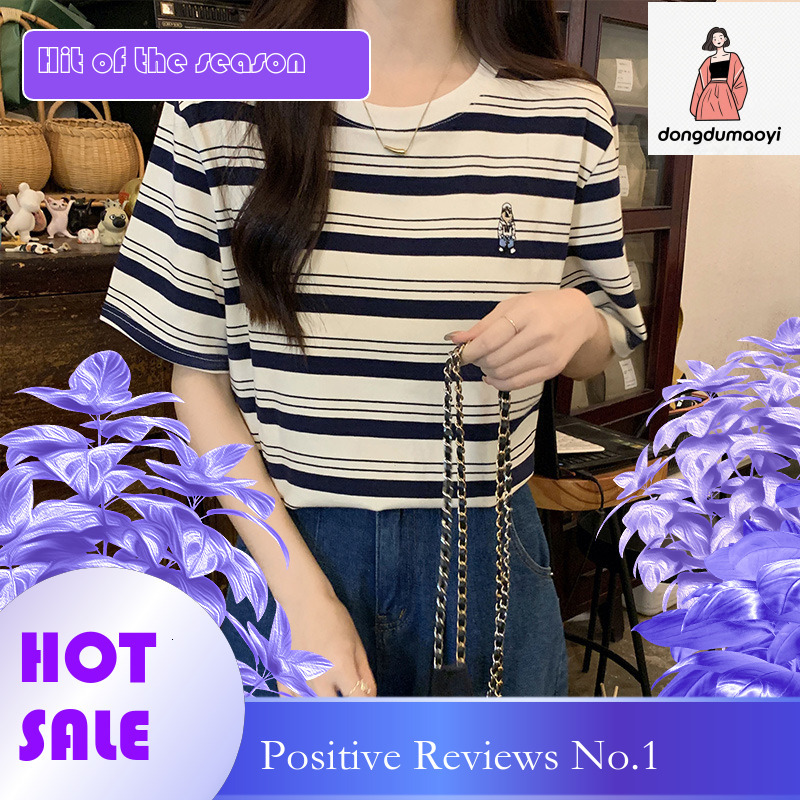 dongdumaoyi Short sleeved T-shirt 2024 summer new women's striped loose Hong Kong style embroidery design feeling slimming round neck top