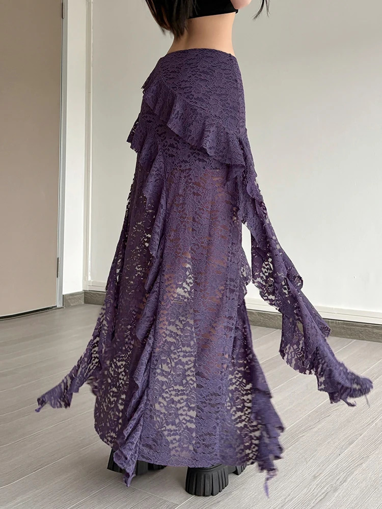 Weird Puss Tassels Women Skirts Chic Irregular Hem MultiLayered Ruffles Lace Patchwork Summer Trend Skinny Versatile Bottoms 250514