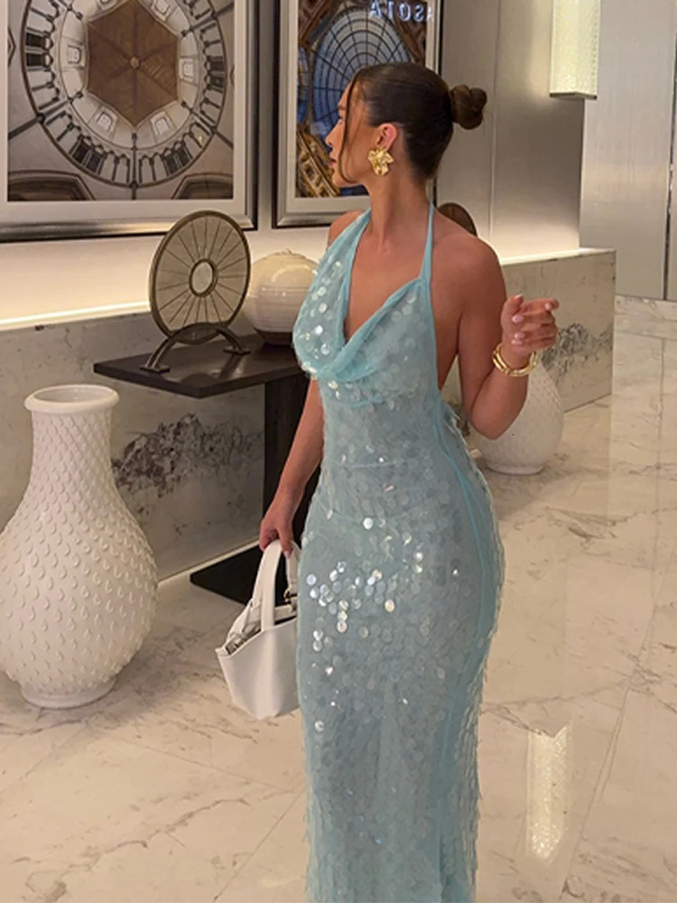 Elegant Sequin Halter Long Dress Women Sexy Bule Backless Sleeveless Slim Asymmetrical Beach Dresses Lady Chic Party Holiday 250514