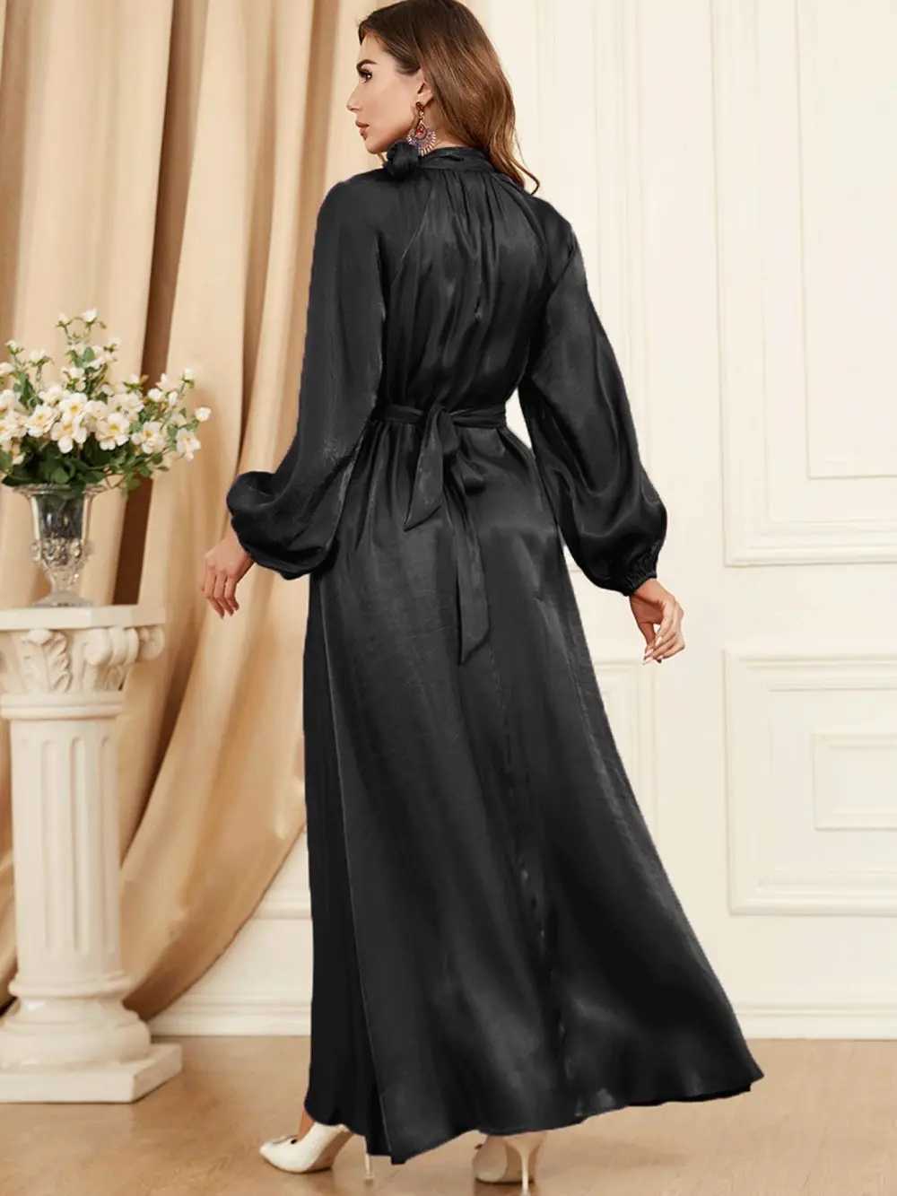 Elegant Tie Neck Abaya Lantern Slve Maxi Dress Women Muslim Moroccan Kaftan Ramadan Jalabiya Islam Dubai Arabic Kaftan Robes X250514