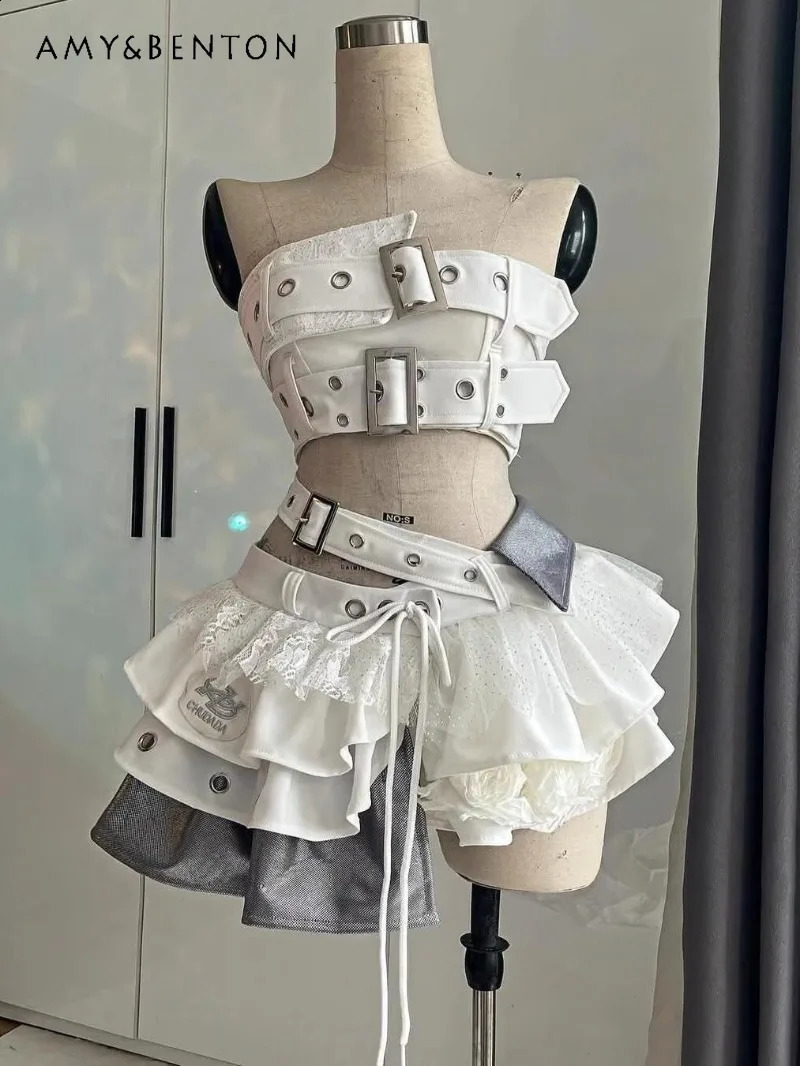Japanese Sweet White Punk Style Y2k Tube Top Splicing Lace Irregular Tutu Sexy Two-piece Set For Girls 250513