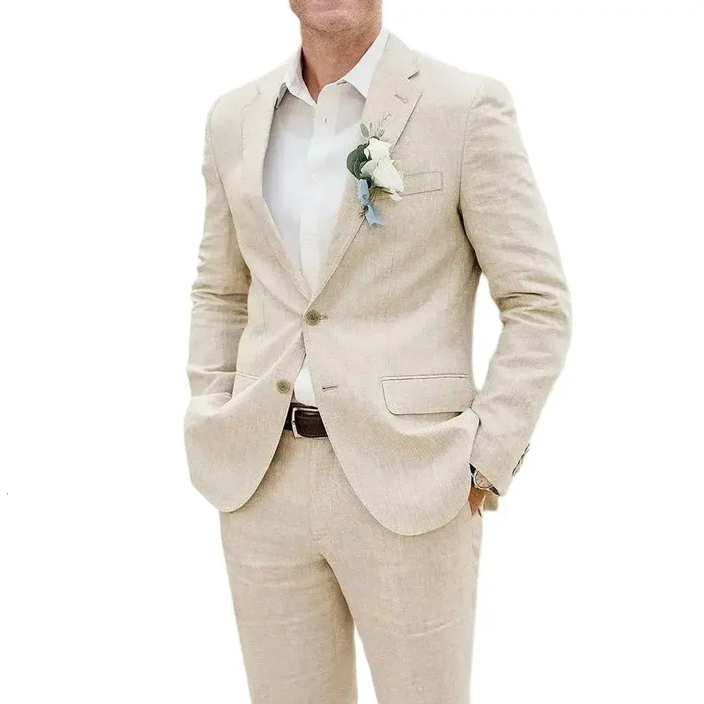 Sell Highend Summer Beige Linen Wedding Suits for Men 2 Pieces Notch Lapel Fashion Groom Slim Casual Beach Set 250506