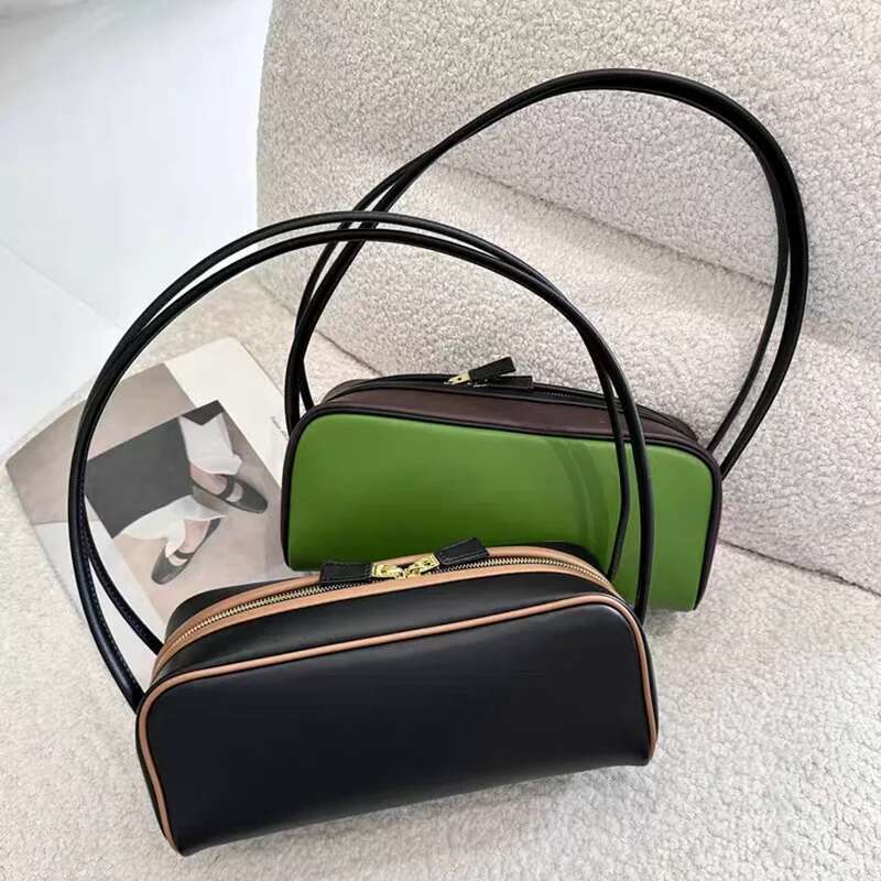2025 Brand Genuine Leather Portable Bowling Women's Super Fire Color Splicing Advanced Sense Shoulder Commuter Underarm Bag