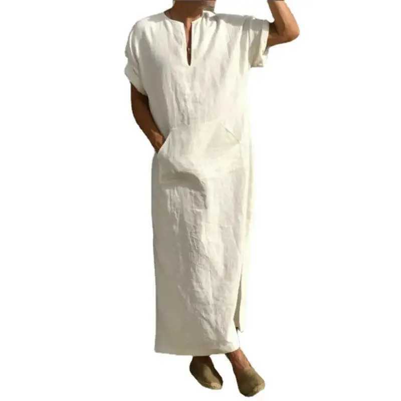 Ew Spring and Summer Models Men Muslim Style Mens Robe Simple Solid All-match Small V-neck Linen Comfortable Short Sleeve Robe X250514