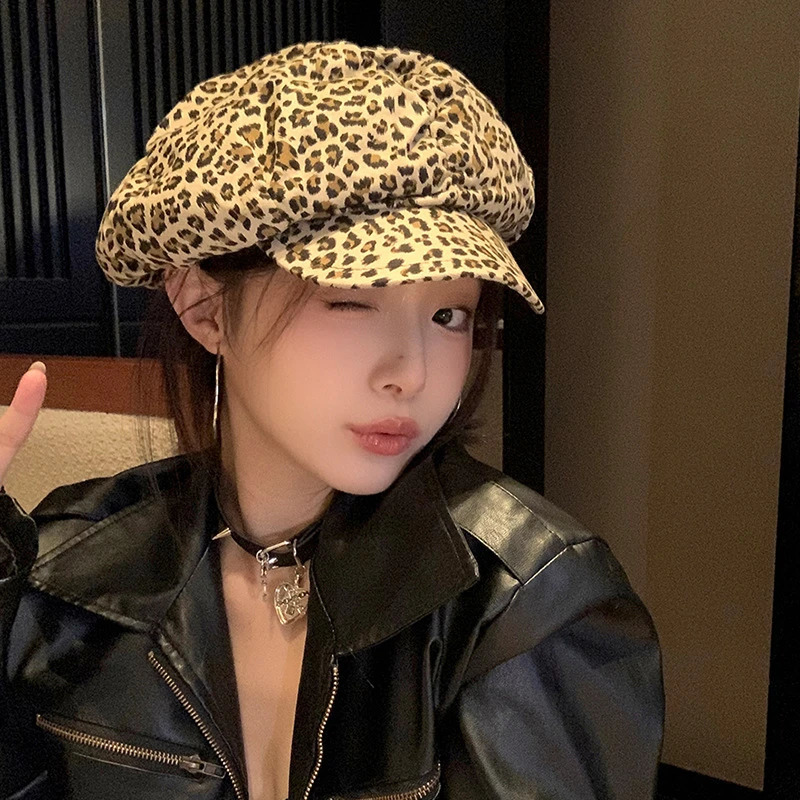 Women Leopard Berets Autumn Winter Vintage Octagonal Cap Retro Elegant Ladies Painter Hat Korean Girl Cloud Berets Duckbill Hats 250514
