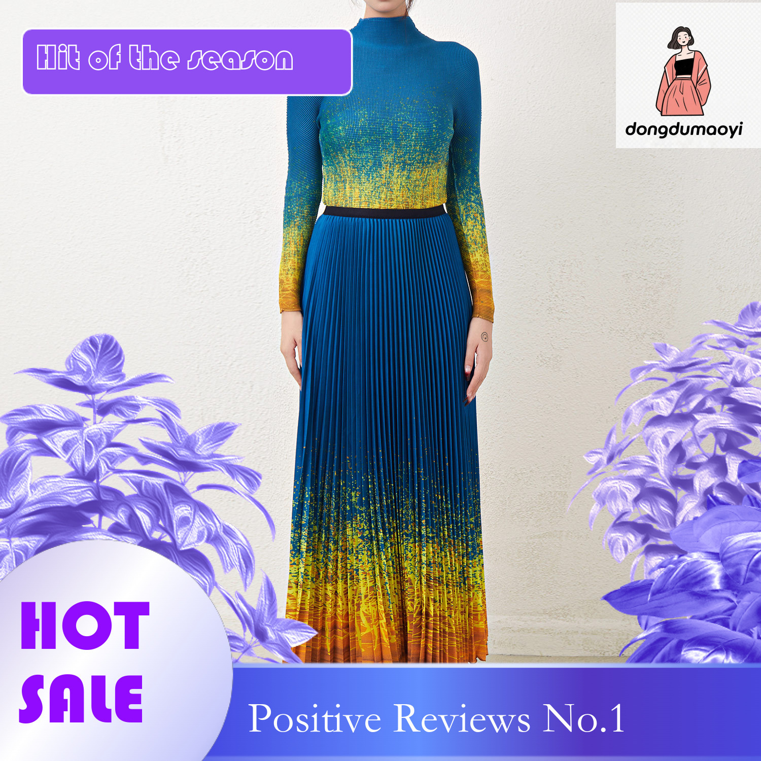 dongdumaoyi Elegant sophisticated, gradually changing color T-shirt skirt two-piece set, ins trendy and fashionable pleated women's clothing pers