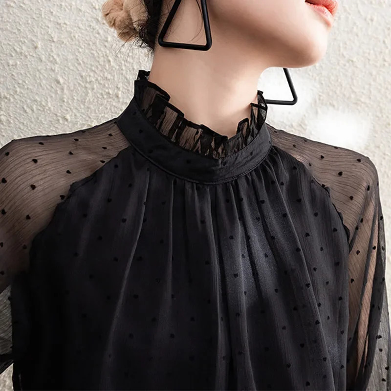 Spring Summer Black Polka Dots Mesh Womens Chiffon Blouses Long Sleeve Stand Collar Vintage Loose Shirts Female 250514