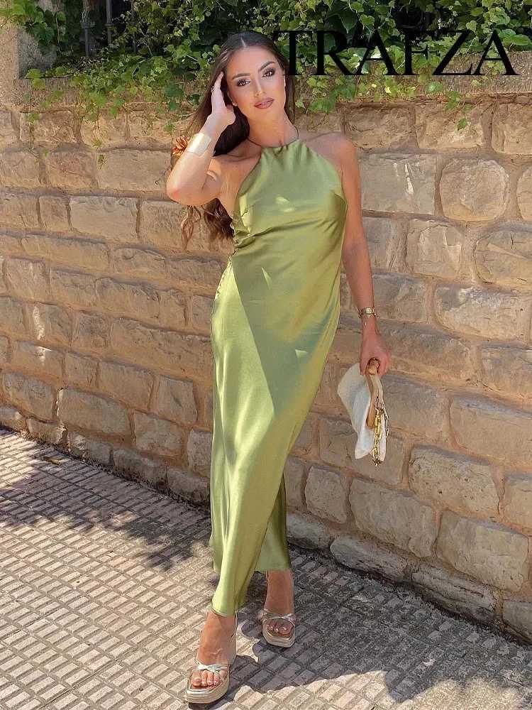TRAFZA 2024 Women Fashion Sexy Backless Solid Green Satin Dress Sleeveless Halter Neck Slim Dress Eveninig Party Women DressesXJ250514