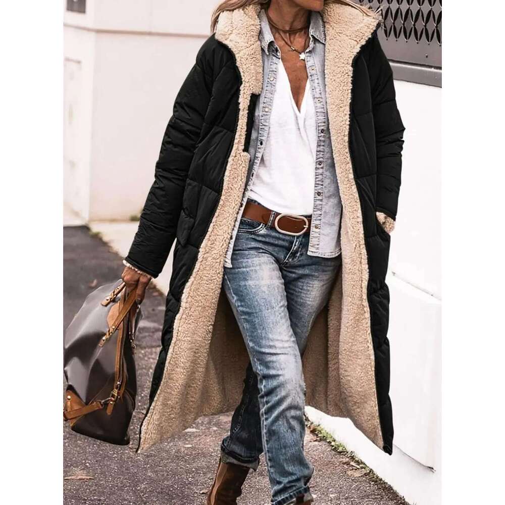 Winter Hooded Quilted Jacket For Women Solid Reversible Sleeve Thick Coat Warm Fashion Long Outerwear Casual Puffer Coats Designer