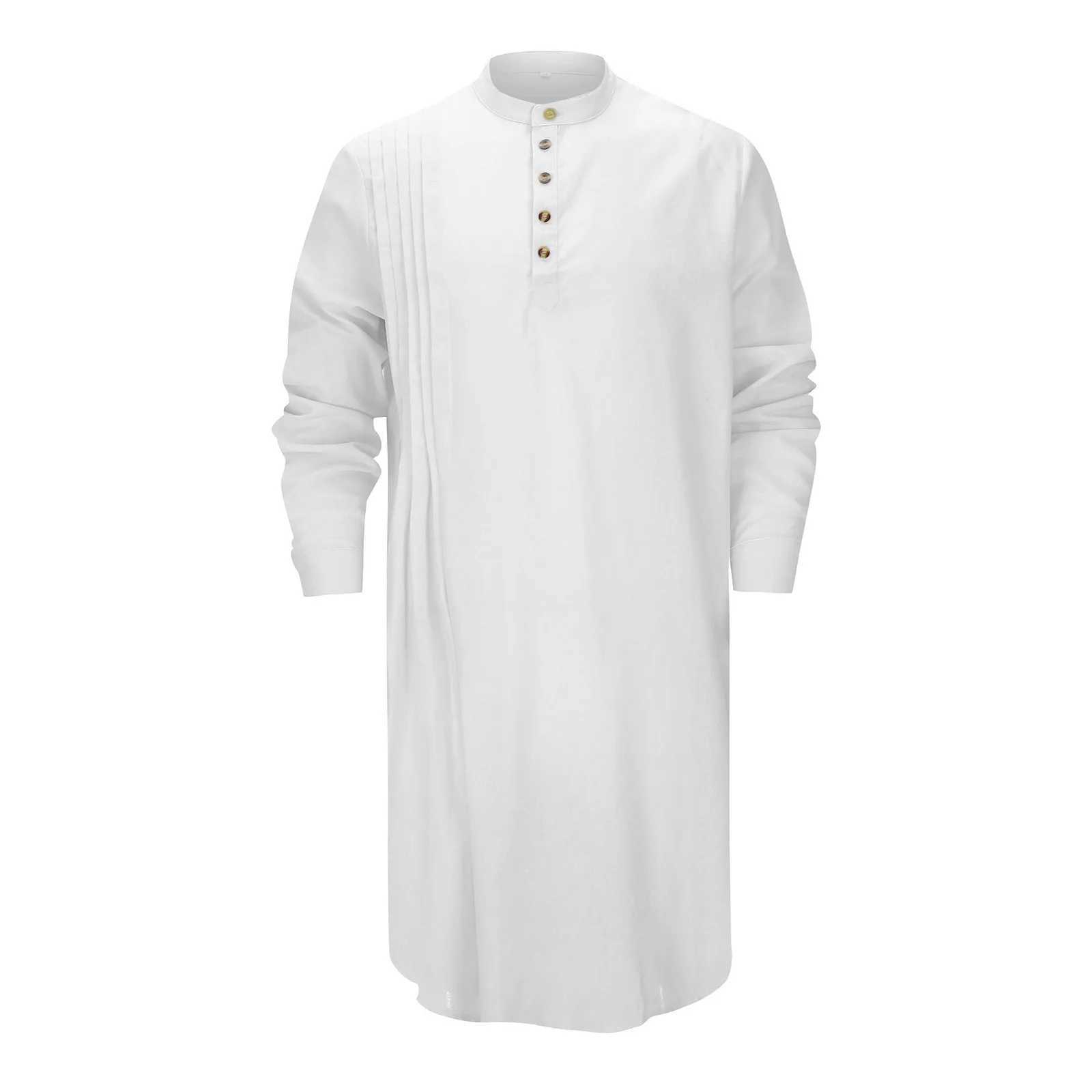 MenS Buttoned Cotton Linen Shirt Muslim Robe Kurtas For Men Muslim Shirt Stand Collar Long Sleeve Islamic Arab Kaftan Punjabi X250514