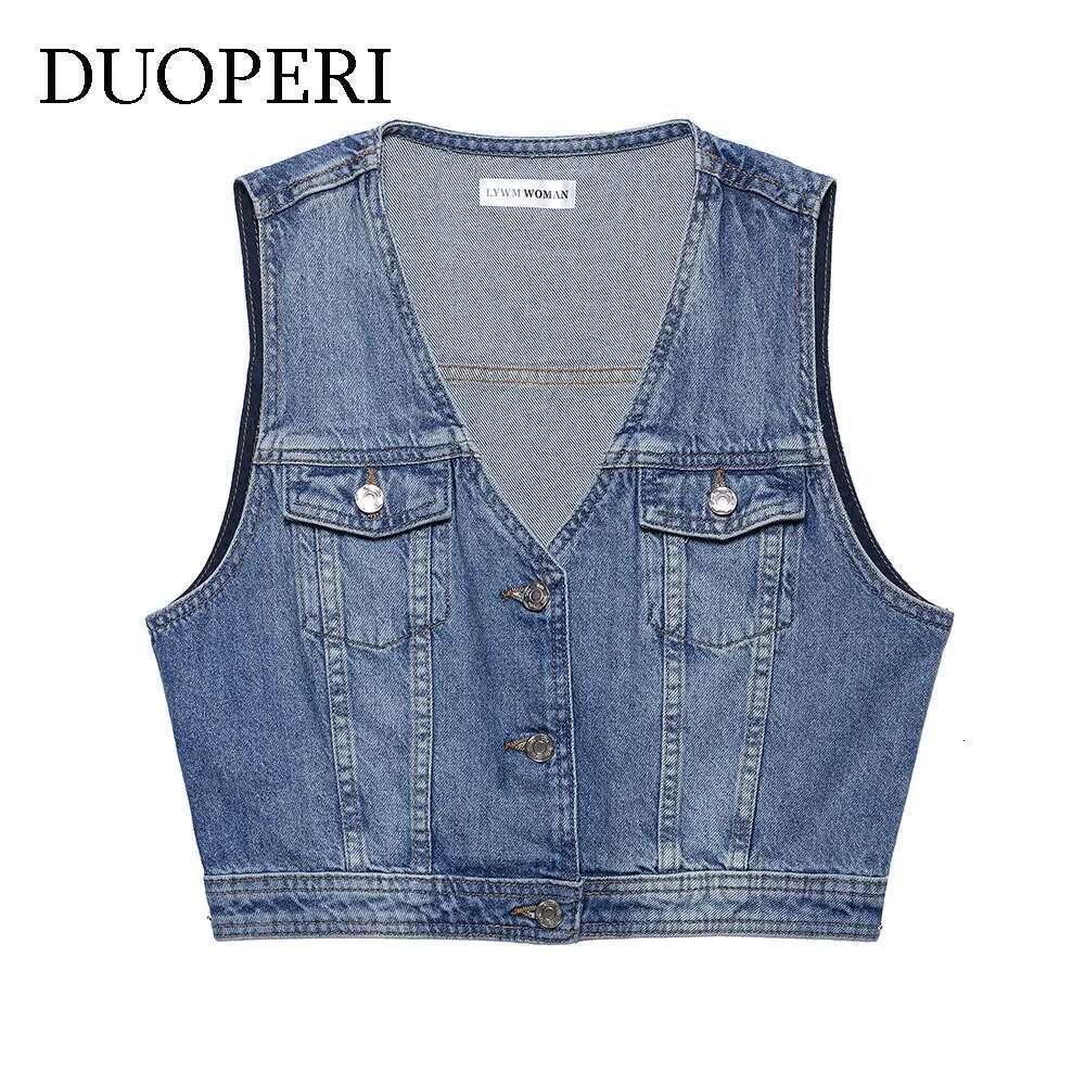 DUOPERI Women 2025 New Denim Blue Waistcoats Casual V-Neck Sleeveless Jackets Vest Female Chic Lady Tank Tops Chaquetas De Mujer