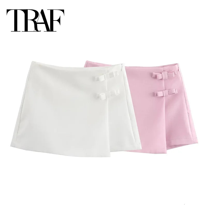 TRAF Pink White Mini Skirt Woman Fashion Bow Skort For Women Summer Slit Short Split High Waist Shorts 250514