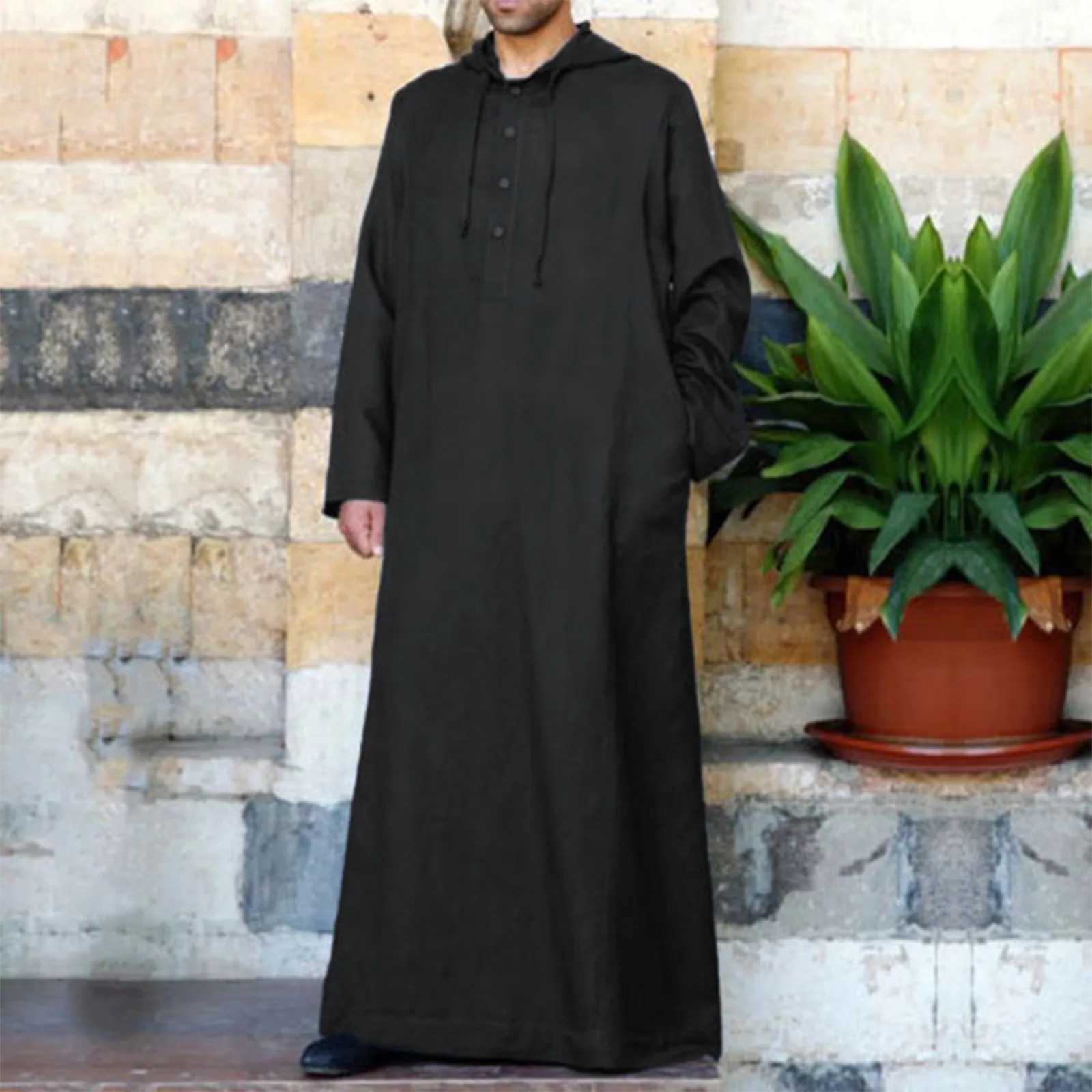 Mens Hooded Muslim Robe Button Long Sleeve Casual Jubba Thobe 2025 Ramadan Muslim Prayer Robe Arabian Islamic Clothes Djellaba X250514