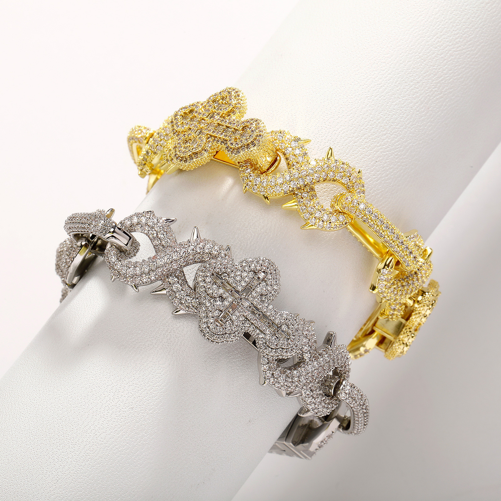 Bling Chunky Hip Hop 8-shaped Infinite Sign Thorn Cross Cuban Chain Bracelet Full Cubic Zirconia Diamond DIY Trendy Party Bracelets Wolf Tide Rapper J