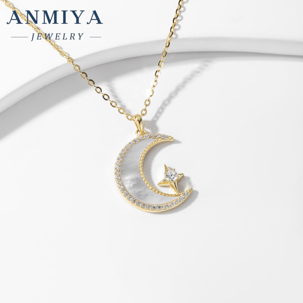 Fine Moon Shape Pendant White Shell Gold Plated Necklace Fashion 925 Silver Jewelry for Women Wholesale