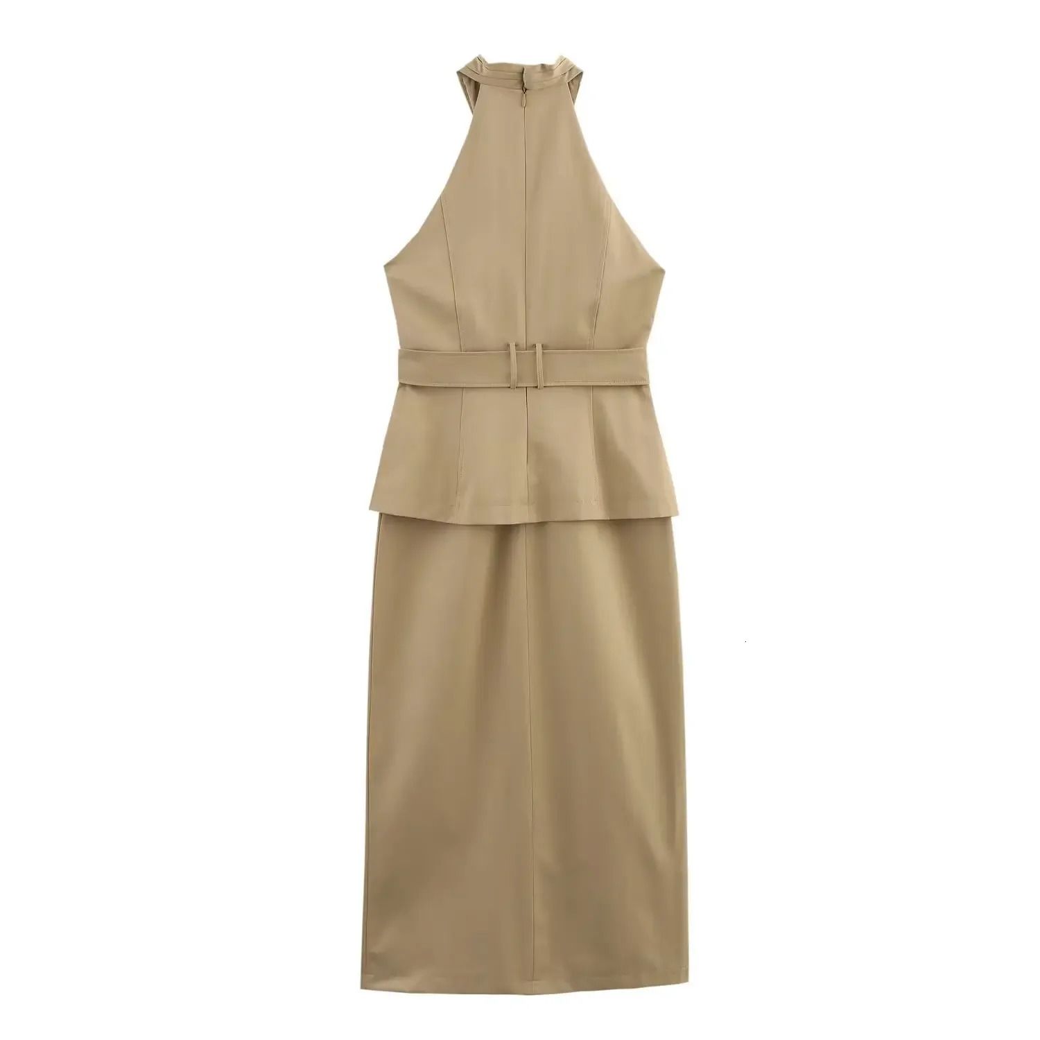 ZBZA Womens Cross Dress Vneck Sleeveless Tie Hem Slit Mid Skirt Spring and Summer Casual Solid Color Fashion Long 250514