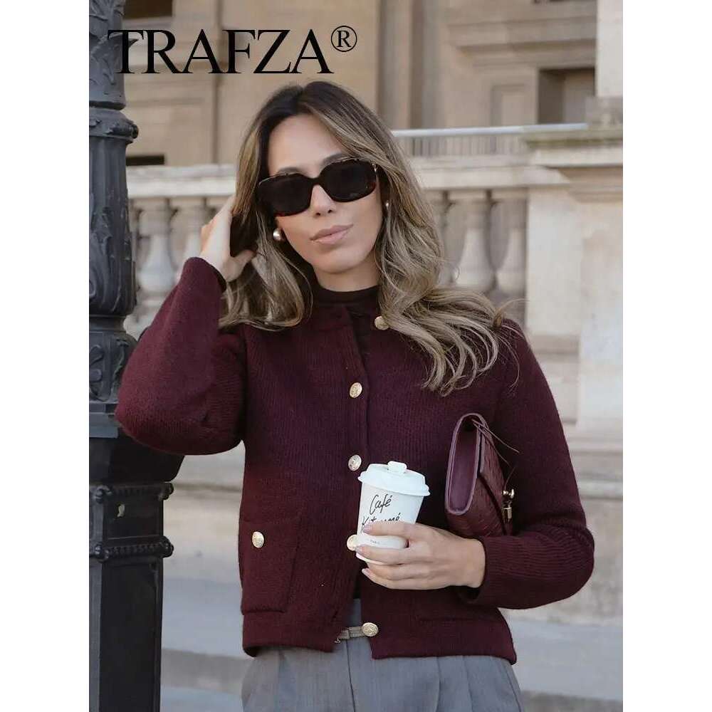 TRAFZA Women Vintage Solid Sweaters Autumn Casual O Neck Long Sleeve Knitted Cardigan Coat Female Fashion High Street Y2k Tops