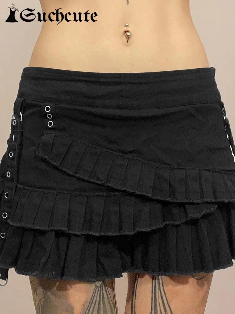 SUCHCUTE Goth Aesthetic Ruffles Irregular Mini Skirts Women Fairycore Streetwear Low Rise Denim Y2K Dark Academia 250514