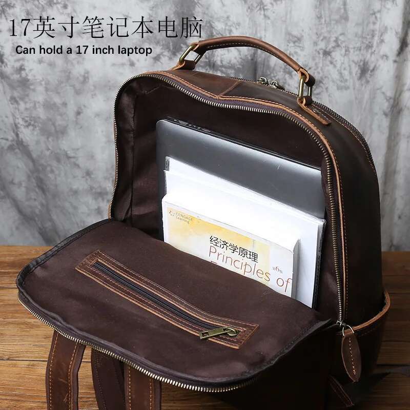 NZPJ Retro Genuine Men's Large Capacity Head Layer Backpack Casual Crazy Horse Leather Laptop Bag