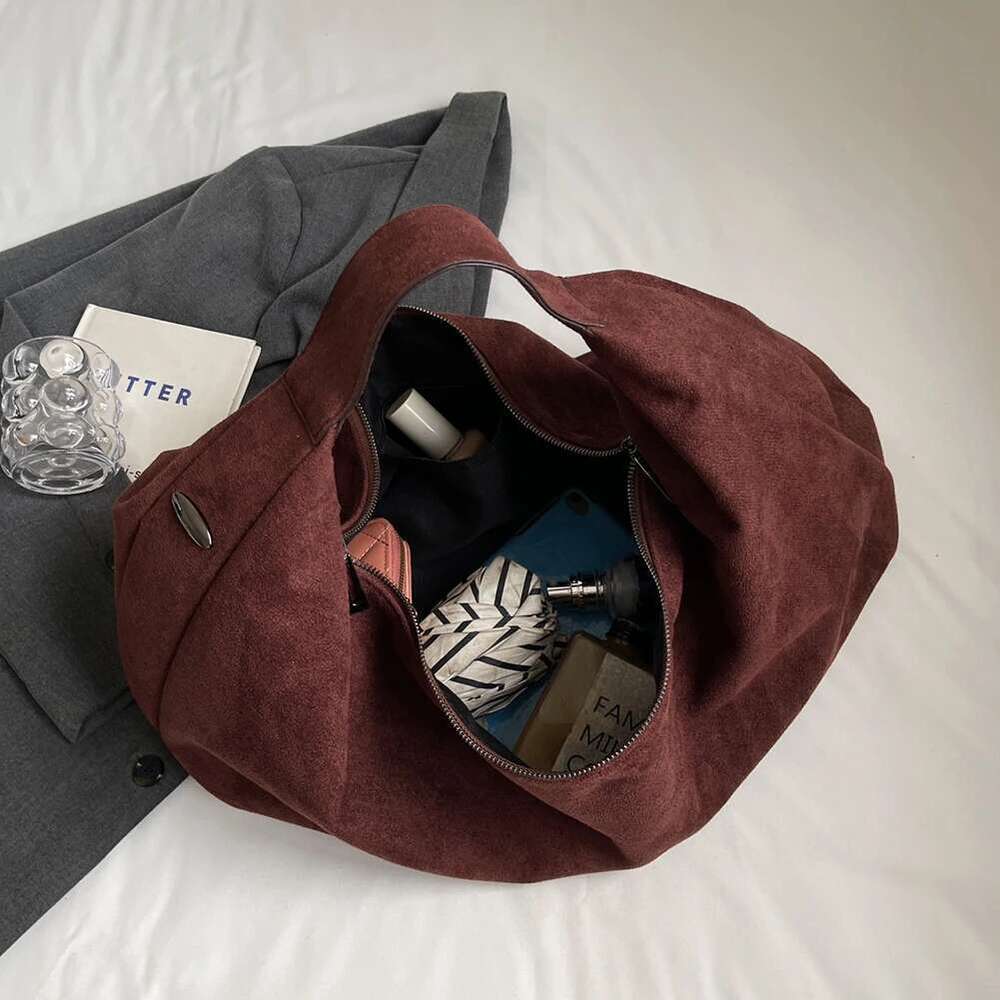 Retro Suede Women Top-Handle Large Capacity Tote High Quality Underarm with Zipper Solid Versatile Shoulder Bag