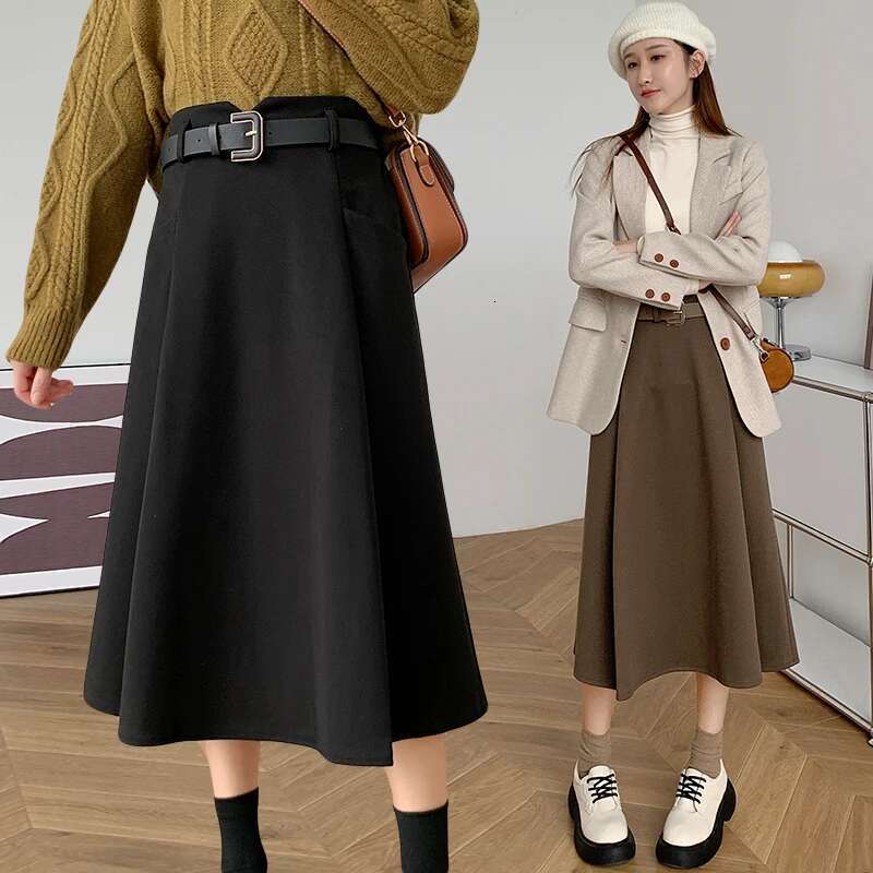 Plus Size Woolen Women Autumn Winter New Arrivals High Waist A Line Skirt With Belt Korean Fashon Skirts Womens