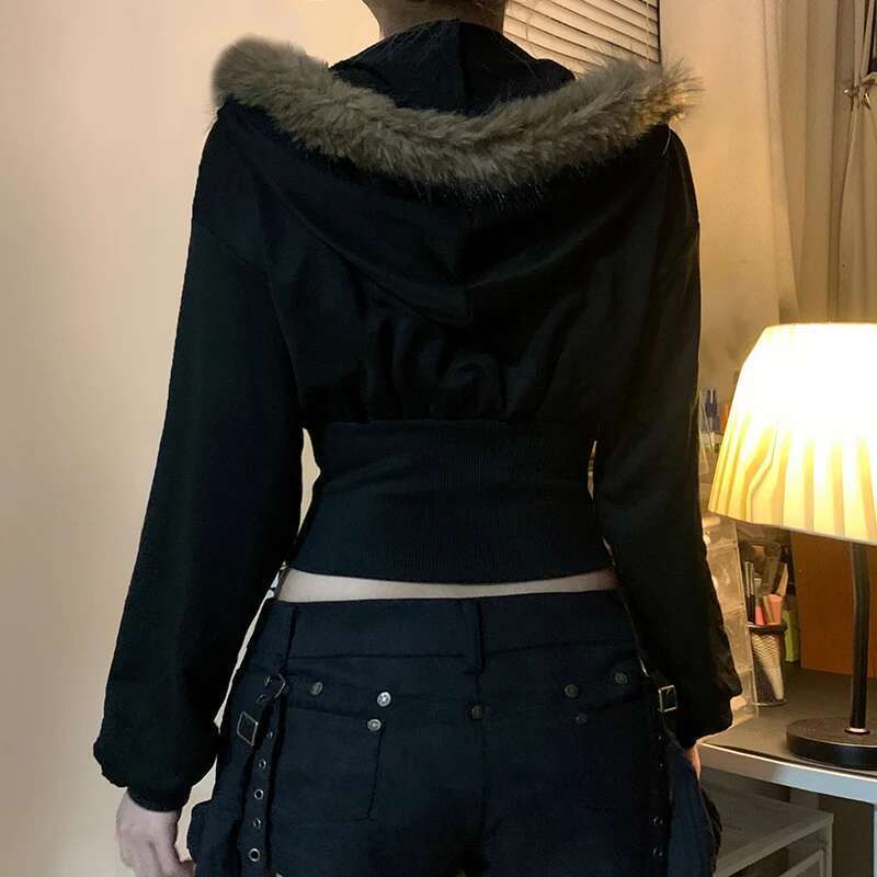 BIIKPIIK Fur Collar Hooded Women Coats Casual Zipper Slim Hoodies Simple All-Match Black Haruku Coat Autumn Winter Sweatshirts Designer