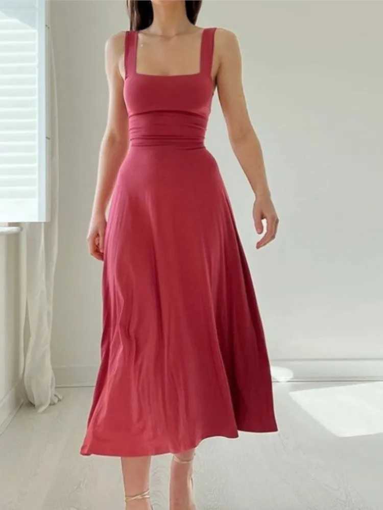 2025 Women Summer Dress Square Collar New Thick Shoulder Straps Slim Waist Dresses Solid Temperament Elegant Female DressesXJ250514