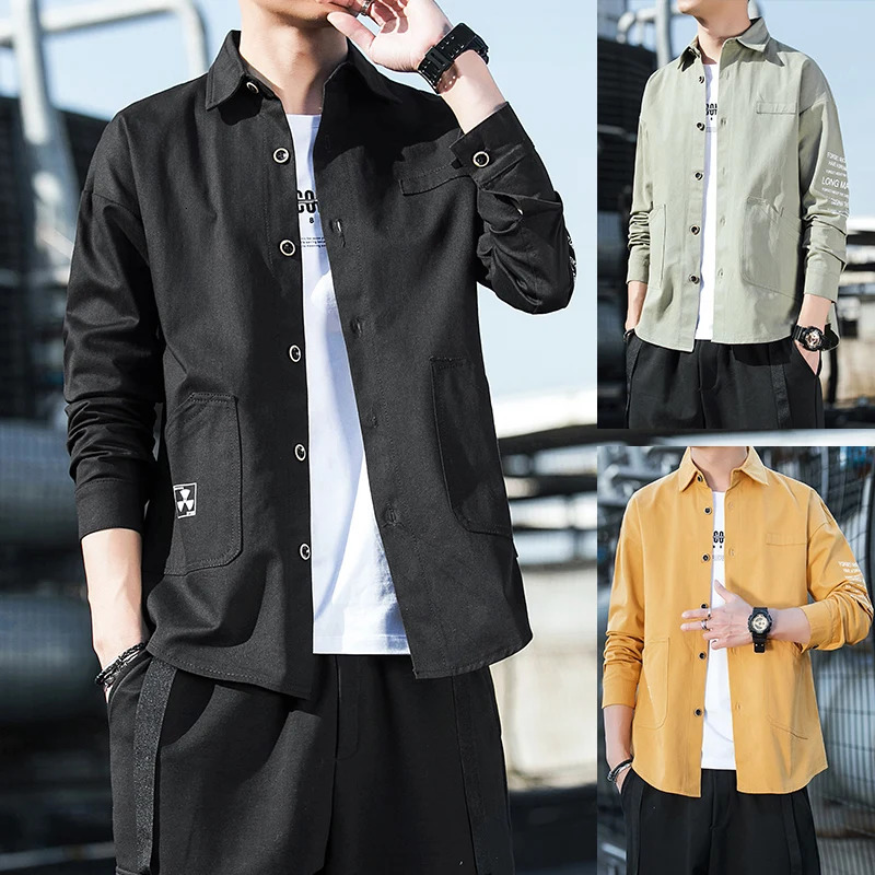Autumn highquality washed cotton shirt mens long sleeved lapel cargo clothing Korean streetwear retro 250506Z