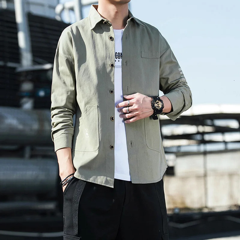 Autumn highquality washed cotton shirt mens long sleeved lapel cargo clothing Korean streetwear retro 250506Z