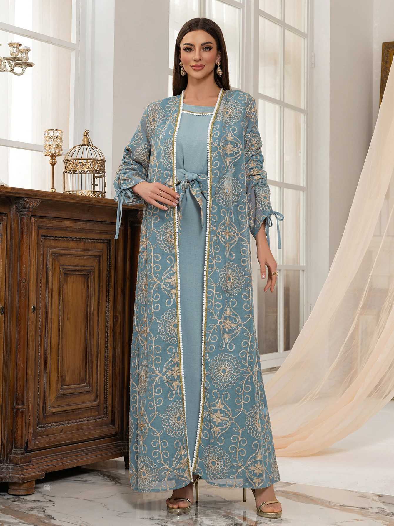 Muslim Intricate Embroidered Abaya set with Belt Design Ideal for UAE Dubai Middle East Wedding Ramadan Formal Modest Fashion X250514