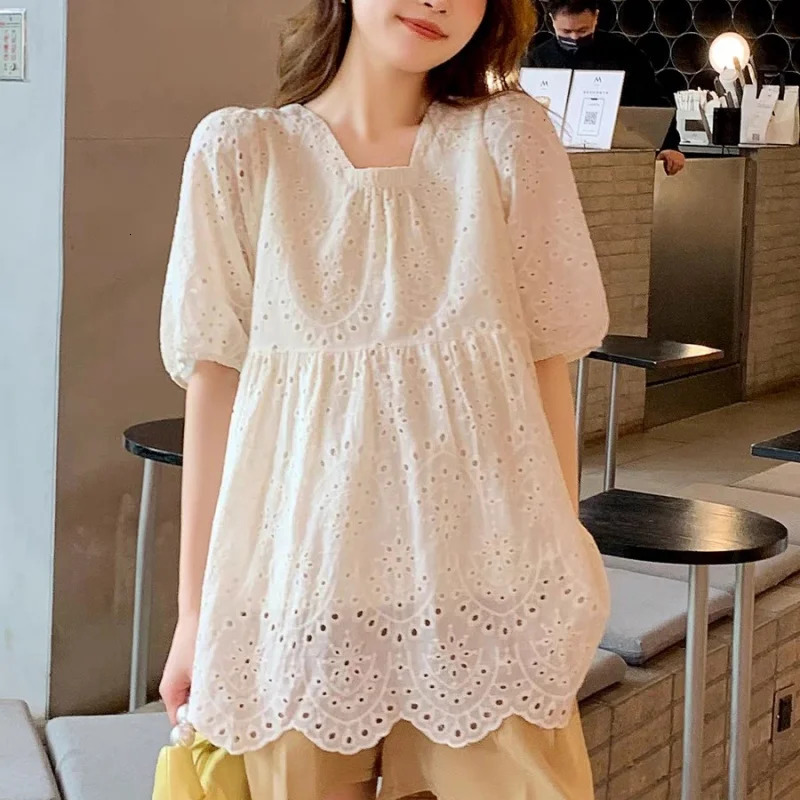 Fashion Hollow Out White y Women Blouses Short Sleeve Casual Loose Shirts Summer Elegant Puff Tops 250514