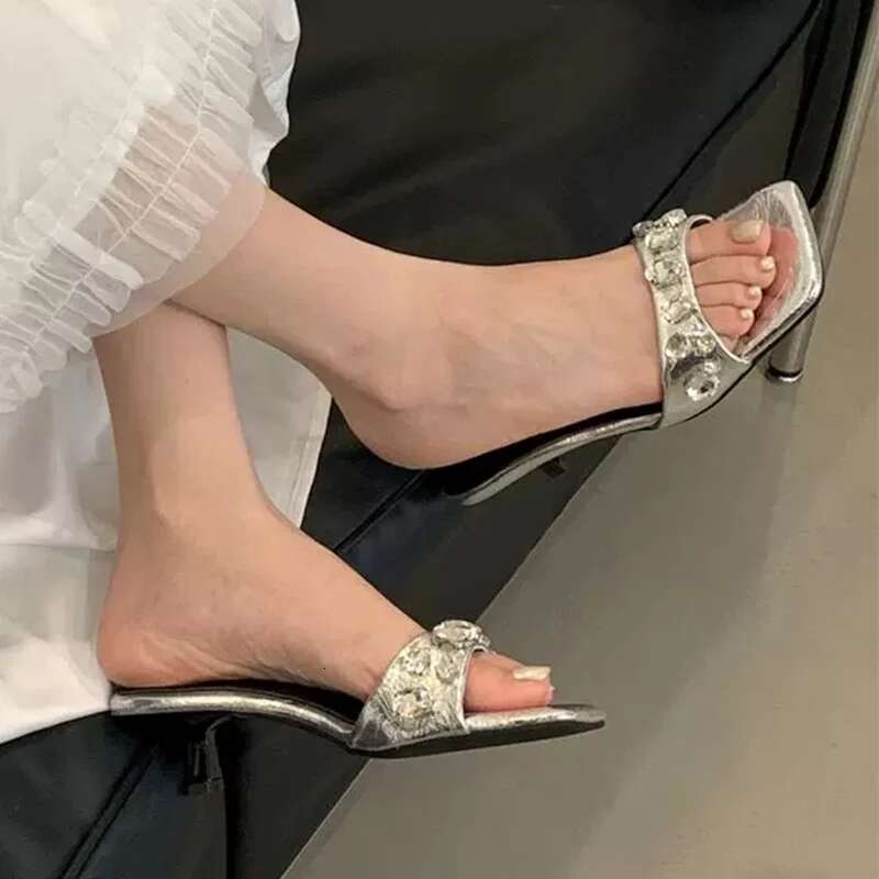 Crystal Women Slippers Square Toe High Heels Woman Sandals 2025 Summer Brand Sexy Party Shoes Zapatillas De Mujer